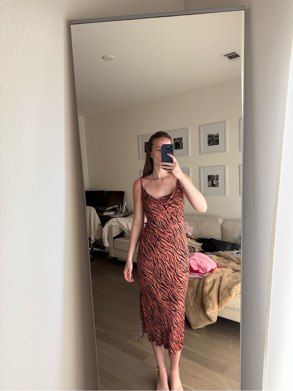 Anthropologie Rust and Black Tiger-Print Slip Midi Dress